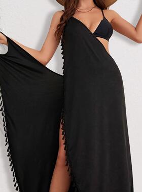 Women'S Solid Color Fringe Hem Chiffon Cover Up Dress,