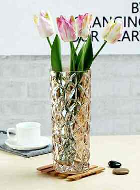 新款欧式镀金水晶玻璃花瓶彩色直筒插花客厅摆件装饰大号落地台面
