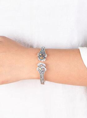 金王足心银手镯复SZ0031-4古杏工艺浮雕银叶实鹿加厚女款银镯子送