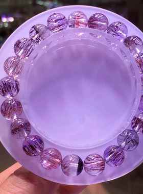 天然彼岸花红超七手链 金草莓晶紫红发晶单圈圆珠手串珠链规格9mm