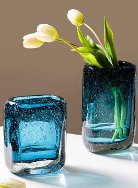 现代纯手工蓝色琉璃花瓶摆件客厅茶几插花北欧轻奢创意家居装饰品