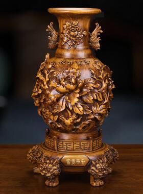 爆花开富平安中6691式花贵瓶摆件仿檀木纹客厅房玄关装饰款品工艺