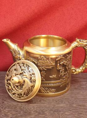 黄铜茶龙凤壶百福仿古拉丝茶壶纯家居壶装饰品古玩龙凤山水收藏做