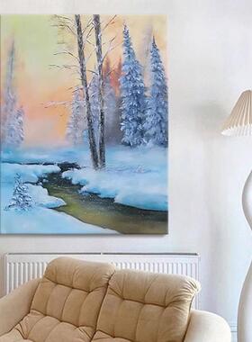 新中式雪景河流风景玄关卧室装饰画树林客厅白桦林雪山水美式挂画