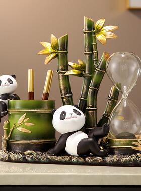 熊猫文创笔筒高级感沙漏摆件桌面办公室书房装饰送老师毕业季礼物