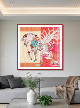 丝巾图案骏马挂画高端艺术客厅装饰画别墅进门玄关画轻奢书房壁画