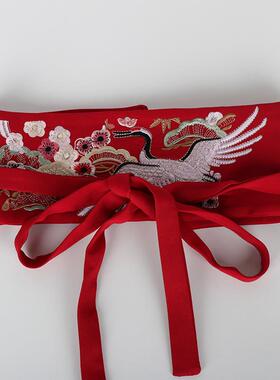 仙鹤刺绣汉服腰封女红色