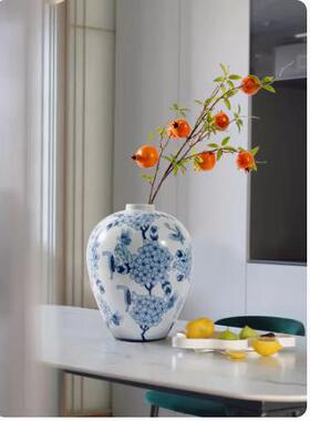 插青花瓷“肚容福YB-QSCT2”法式新中式花瓶摆大件高级感落花地花