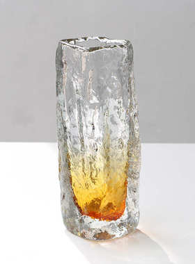 简约方口浮雕轻奢加厚玻璃花瓶厚重透明渐变家居插花工艺品花器