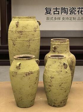 绿色陶瓷双耳花复古做旧摆件侘寂风餐桌客厅水养插花干树枝冬青