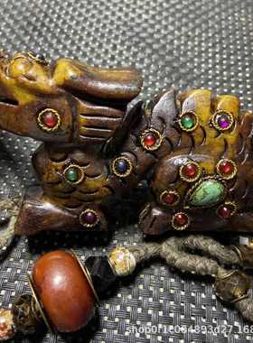 古玩复古岫玉龙玉璧镶嵌宝石九眼天珠五帝铜钱牛貔貅玉石包浆把件