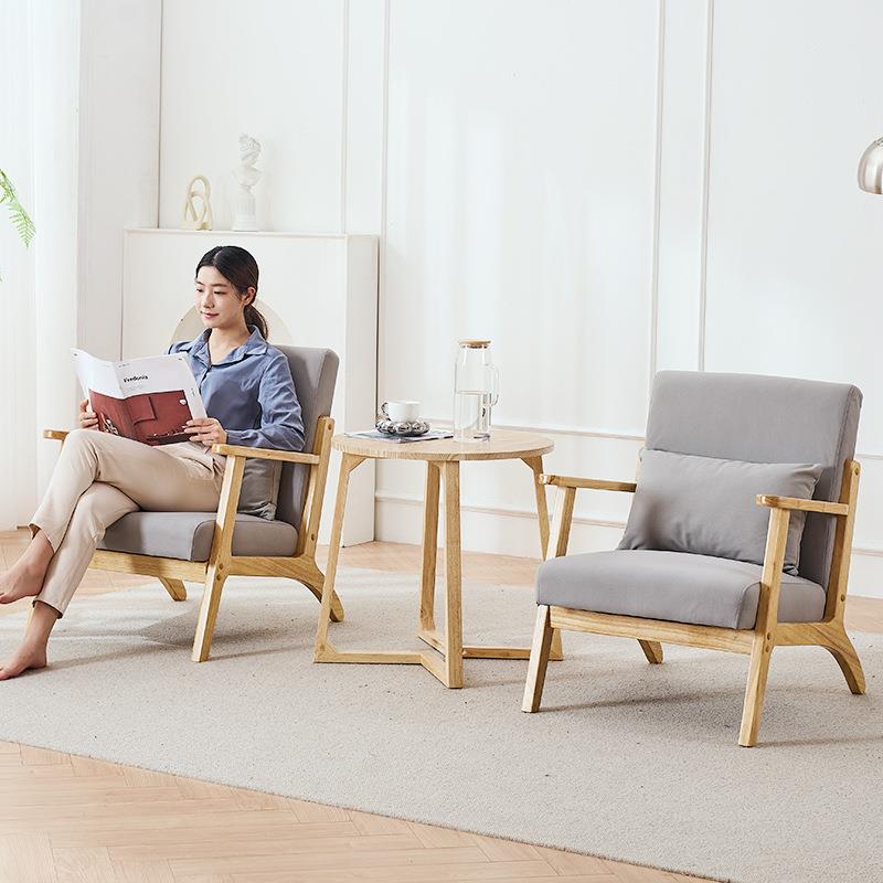 Nordic single sofa chair solid wood fabric balcony lazy leisure table and chair B&B living room reception and negotiation sofa chair