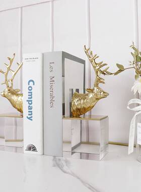 书房简约现代晶玻璃底座金20200504属鹿头书立摆件房样板工水艺装