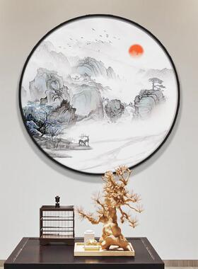 新中式装饰画禅意山水画玄关餐厅圆形挂画书房茶室背景墙客厅壁画