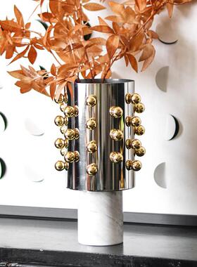 轻奢金属珠点花瓶现代家居样板间摆件圆桶艺术大理石底座花器饰品