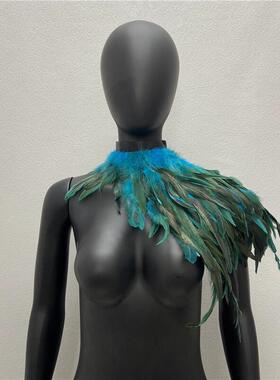 Feather shawl, fake collar, stage runway, makeup, ball