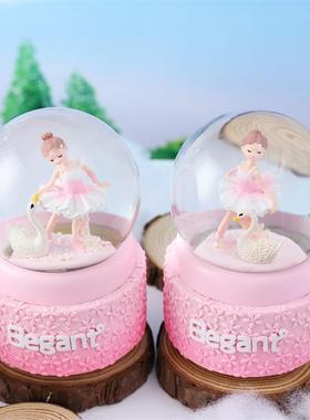 新款芭蕾女孩跳舞水晶球八音盒飘雪花灯光旋转水球少女心礼品摆件