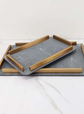 欧式简约金属板皮革收纳托盘几软装饰品客茶书房样间工艺0775厅品