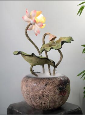 新中式客厅桌面荷花灯流水喷泉装饰摆饰书房茶室摆设和气生财水景