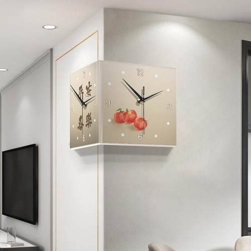 平安喜乐双面拐角挂钟客厅免打孔静音创意时钟壁灯画转角钟表挂墙 - 图3