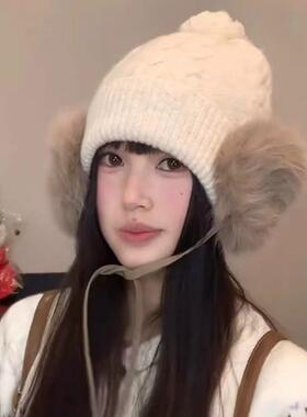 秋冬季复古毛球绑带针织帽子女款日系保暖护耳显脸小灰色套1009z