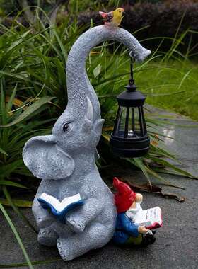 大象精灵看书太阳能动物摆件花园庭院阳台装饰盆景民宿造景