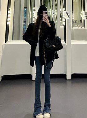 蓝色微喇叭牛仔裤女2025春秋新款高腰修身显瘦高个子拖地马蹄裤