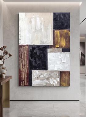 复古棕金方块厚肌理抽象手绘油画挂画入户玄关侘寂风客厅装饰画