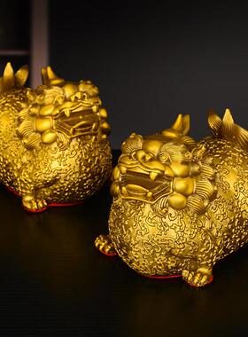 纯黄铜大肚聚财貔貅公母摆件一对富贵貔貅化纳财光家居装饰工艺品