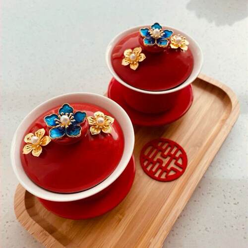 婚庆敬酒结茶具杯套装敬茶敬茶茶具红色碗敬茶用品杯子敬酒托盘喜 - 图2