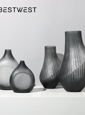 博西家居中式冷灰不规则玻璃花家居客厅水培花器摆件软装饰品