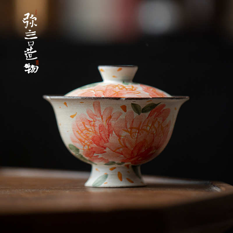 弥言诧寂风粉引手绘牡丹盖碗手工粗陶花口泡茶碗复古高足功夫茶具 - 图1
