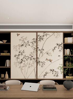 古画竹子玄关墙面装饰贴画茶室中国画背景墙客厅推拉门墙贴纸定制