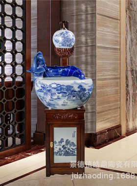 中式陶瓷流水鱼缸大号青花实木带灯雾化喷泉鱼盆 客厅办公室摆件