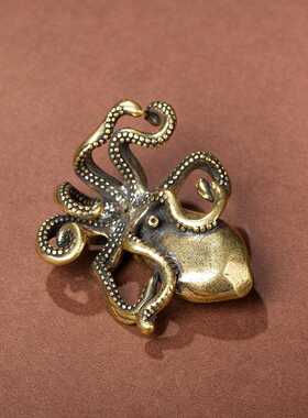 黄铜八方纳财章鱼摆件手工纯铜八爪鱼手把件茶道配件创意茶宠