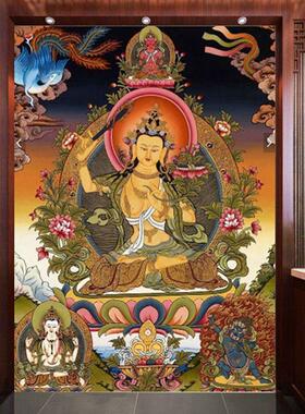 菩萨唐卡文殊壁画藏式壁纸佛堂佛祖像文化背景墙纸过道玄关墙布贴