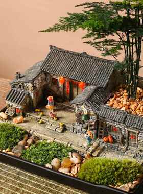 农家小院中式摆件覆古建筑模型茶桌桌面茶室家居装饰客栈农家乐