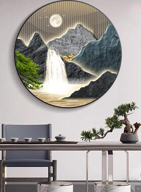 流水生财圆形玄关装饰画高级感LED灯画大气山水画客厅挂画墙壁画