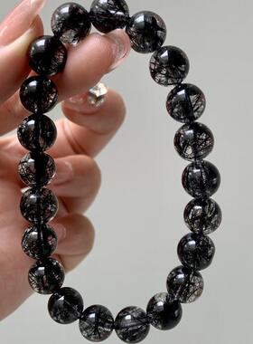 新品天然黑发晶手链 男女单圈水晶圆珠手串精美流行珠链珠串9毫米