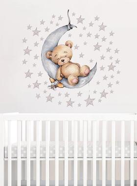 Cartoon Teddy Bear Sleeping on the Moon and Stars Wall Stick