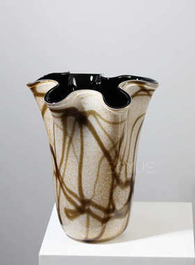 中古风棕色不规则条纹大口琉璃花瓶创意轻奢样板间诧寂风艺术软装