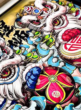 国潮醒狮摆件 工艺品剪纸文创木质多福桌面客厅创意摆台精美摆件