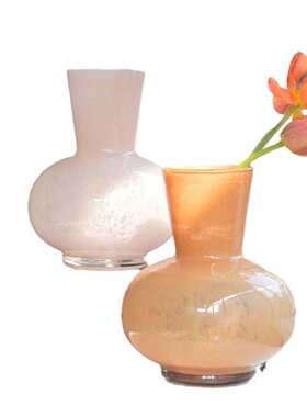 法式中古手工玻璃花瓶奶油色圆肚客厅餐桌高级感插花器装饰摆件