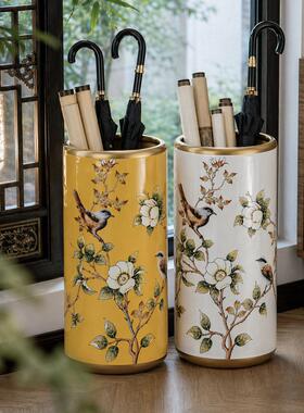 新中式轻奢花鸟金边陶瓷落地箭筒玄关客厅复古插花入户大花摆件