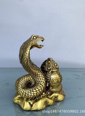 仿古黄铜聚宝盆蛇摆件纯铜福蛇生肖蛇风水古玩家居装饰工艺品摆件