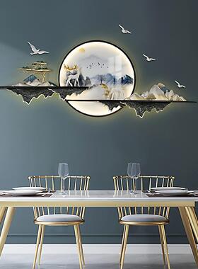 3d新中式挂画带灯光客厅装饰画沙发背景墙灯画大气玄关山水立体画