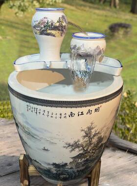 古法养鱼复古循环瀑布流水陶瓷增氧摆件造景生态过滤庭院鱼缸陶罐