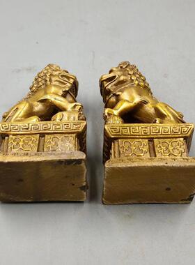 古董古玩仿古铜加厚 黄铜中号门狮一对居家乡下收藏老物件