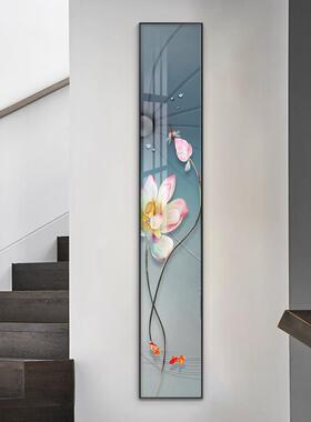 新中式玄关装饰画竖版窄长条入户客厅墙画走廊过道水墨荷花壁挂画