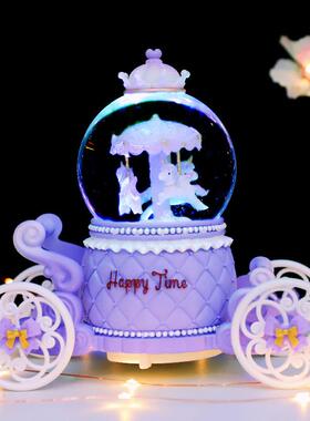 飘雪水晶球音乐八音盒雪花下雪生日礼物小女孩雪景的摆件新年儿童